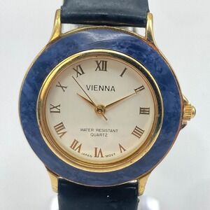Vintage Vienna Womens Watch Gold Tone Blue Gemstone Bezel 32mm New Battery 8.25"